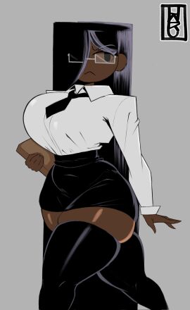 1girls atastic black_hair black_skirt black_thighhighs breasts color colored dark-skinned_female dark_skin edit edited female grey_skin hair_over_one_eye hakutaku76 large_breasts office_lady_(atastic) original original_character shirt_tucked_in_skirt skirt skirts solo square_glasses thick_thighs thighhighs thighs tie zettai_ryouiki