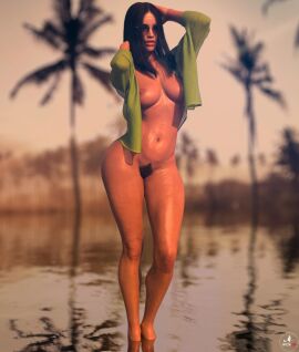 1girls 2023 3d arms_up black_hair black_pubic_hair breasts depth_of_field female female_only green_shirt large_breasts mature mature_female milf no_bra no_panties nopan nude nude_female open_shirt outdoor_nudity outdoors outside pubic_hair shirt solo solo_female standing sunglasses wck3d wide_hips