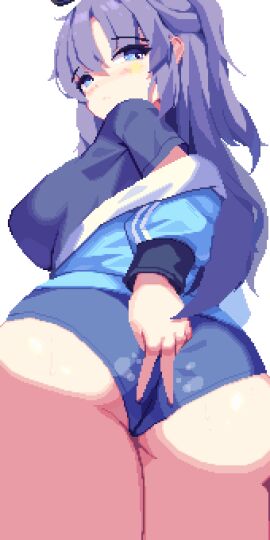 1girls ass blue_archive blue_eyes blue_jacket blush breasts buruma cameltoe closed_mouth commentary female female_only from_behind highres jacket large_breasts light_frown long_hair long_sleeves looking_at_viewer looking_back official_alternate_costume parted_bangs piaomao pixel_art purple_hair pussy shirt short_sleeves simple_background solo spread_anus_under_clothes spread_ass star_(symbol) thick_thighs thighs track_jacket twisted_torso underbutt v white_background yuuka_(blue_archive) yuuka_(track)_(blue_archive)