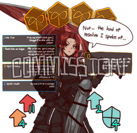 1boy 1girls b2k better_version_at_source big_penis blush censor_bar censored dialogue female female_focus flashing_penis game_mechanics gebura_(lobotomy_corporation) kali_(lobotomy_corporation) large_sword library_of_ruina long_hair male muscular muscular_female penis pixiv_manga_sample pixiv_sample project_moon red_hair scars shocked_expression trenchcoat yellow_eyes