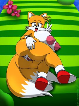 1girls 2d anthro anus areolae artist_name ass big_ass big_breasts black_eyes breasts cap.hornybotellie49 classic_tails eyelashes female flower fox genderswap genderswap_(mtf) gloves grass green_hill_zone huge_breasts looking_at_viewer lying lying_on_side mobian_(species) nipples nude nude_female outdoor_nudity outdoors peace_sign pussy rule_63 sega shoes smile solo solo_female sonic_(series) sonic_generations sonic_the_hedgehog_(series) spreading tail tails tails_the_fox tailsko thick_ass thick_thighs thighs v v_sign viewed_from_above yellow_body yellow_fur