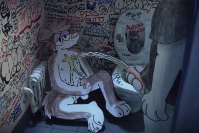 abuniverse animated anthro balls bathroom bathroom_floor belly_nipples black_clothing black_shirt black_topwear bodily_fluids bottomless brown_body brown_fur bunnymutt canid canine canis clothed clothing colored_pencil_(artwork) dark_room duo erection floor floppy_ears fluorescent_light fur genital_fluids genitals graffiti graffiti_on_wall grey_body grey_fur holding_penis lgbt_pride male male/male mammal masturbation mixed_media narrowed_eyes nude peeing peeing_on_another peeing_on_chest penis petscop public_restroom radiator restroom_stall russelbuck_(copyright) shirt shirt_only sittingsitting_on_ground standing sticker stop_motion stop_motion_style submissive sweat sweatdrop therian_symbol tile tile_floor toilet topwear topwear_only traditional_media_(artwork) urine urine_on_chest urine_stain watersports white_body white_fur wolf
