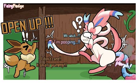 5:3 ambiguous_gender bathroom blue_feces candy_scat colored_feces covering covering_crotch dialogue digital_media_(artwork) door door_handle doorknob duo eevee eeveelution emanata embarrassed exclamation_point fairyfudge fart feces feral food_scat generation_1_pokemon generation_6_pokemon knocking_on_door nintendo pink_feces pokemon pokemon_(species) pooping_in_toilet quadruped question_mark ribbons_(anatomy) scat signature sound_effects sylveon tears_of_desperation toilet_use tree_stump tremble_spikes unusual_feces vowelless vowelless_sound_effect wide_eyed