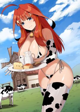 ass blue_eyes blush breasts cleavage collar cow_ears cow_girl cow_horns cow_print cow_print_armwear cow_print_bikini cow_print_legwear cow_print_panties cow_print_stockings cow_print_thighhighs cowbell female female_focus female_only go-toubun_no_hanayome hair_between_eyes huge_breasts kosmos_beta large_ass long_hair nakano_itsuki red_hair revealing_clothes skimpy_clothes solo_focus star_(symbol) stockings thighhighs uncensored underwear