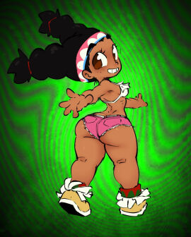 ass back black_hair bra breasts brown_eyes capcom cutoffs dark-skinned_female dark_skin earrings female freckles headband jellot lily_hawk looking_back micro_shorts necklace shortstack small_breasts smile street_fighter street_fighter_6 thick_thighs