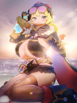 1girls beach beach_background big_ass blush bottom_heavy breasts_bigger_than_head cute cute_fang female_focus genshin_impact goggles hand_on_breast huge_breasts jahoda_(genshin_impact) looking_at_viewer mostly_clothed peroperoperori ripped_stockings robotic_arm skimpy skimpy_clothes solo_female thick_thighs