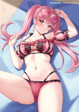 1girls alternate_costume ass_visible_through_thighs bare_thighs bikini blush breasts cameltoe cleavage commentary_request female female_only fire_emblem fire_emblem:_three_houses fire_emblem_heroes hilda_valentine_goneril hilda_valentine_goneril_(summer) large_breasts long_hair looking_at_viewer lying navel official_alternate_costume on_back partially_visible_vulva patreon_username pink_bikini pink_hair pink_swimsuit pussy red_eyes round_eyewear sebu_illust smile solo sunglasses swimsuit thighs twintails