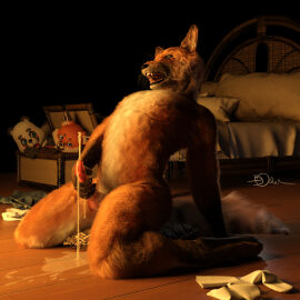 anthro bed bodily_fluids canid canine cum cum_on_ground ejaculation fox fur furniture genital_fluids hi_res kneeling male mammal masturbation open_mouth penile penile_masturbation penis sharp_teeth sherwood solo teeth were werecanid werecanine