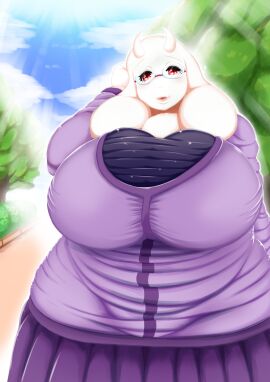 1girls anthro anthro_only azabiloti big_breasts breasts deltarune female furry furry_female furry_only goat horns huge_breasts large_breasts purple_clothing purple_eyes solo tight_clothing toby_fox toriel undertale undertale_(series) white_body