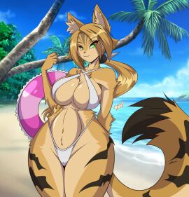 anthro beach bikini blue_sky breasts brown_body brown_fur cat_tail clothing felid feline female fur green_eyes inflatable inner_tube mammal mastergodai mihoyo pulchra_fellini sand sky solo swimwear tail two-piece_swimsuit water white_bikini white_clothing white_swimwear zenless_zone_zero