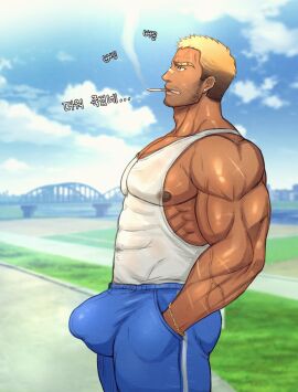 1boy adam's_apple bandaid bandaid_on_face bandaid_on_nose bara beard_stubble biceps blonde_hair blue_pants blurry blurry_background bracelet brown_eyes bulge cigarette coco342 covered_abs ear_piercing earrings eyebrow_cut facial_hair gradient_hair hand_in_pocket highres jewelry korean_text large_pectorals large_variant_set male male_focus male_only multicolored_hair muscular muscular_male mustache_stubble nipples original outdoors pants pectorals piercing scar scar_on_arm scar_on_face short_hair sidepec smoking solo stubble tank_top track_pants translation_request variant_set veins white_tank_top yaoi