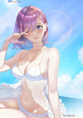 2.5_jigen_no_ririsa amano_ririsa armpit_crease bare_arms bare_belly bare_legs bare_shoulders bare_thighs beach belly_button big_breasts bikini blue_eyes blush breasts cleavage collarbone crying female hashimoto_yuu manga official_art one_eye_closed outdoors parted_lips purple_hair short_hair sideboob tears thighs white_bikini wiping_tears