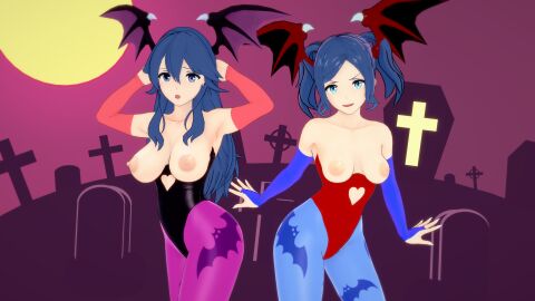 2girls 3d alternate_costume arms_behind_head bare_shoulders blue_eyes blue_hair breasts breasts_out cosplay crossover cynthia_(fire_emblem) darkstalkers female female_only fire_emblem fire_emblem_awakening frown halloween halloween_costume koikatsu large_breasts leotard lilith_aensland_(cosplay) long_hair lucina_(fire_emblem) mike_oxlong morrigan_aensland_(cosplay) multiple_females multiple_girls nintendo nipples open_mouth pantyhose pose shoulders siblings sisters small_breasts smile symbol-shaped_pupils twintails