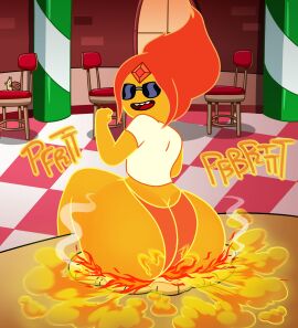 1girls 2d 2d_(artwork) adventure_time ass big_ass big_butt biting_lip cartoon_network fart fart_cloud fart_fetish farting fat_ass fat_butt female flame_princess huge_ass huge_butt looking_at_viewer looking_back looking_back_at_viewer onomatopoeia open_mouth orange_skin panties pizza rear_view red_hair sitting_on_food snail_(adventure_time) solo solo_focus sunglasses text thick_ass thick_butt thomzone warner_brothers