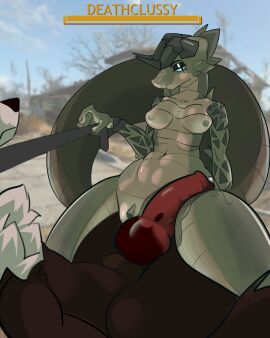 absurd_res animal_genitalia anthro anthro_on_anthro bethesda_softworks big_penis bodily_fluids breasts brown_body brown_fur canid canine deathclaw dominant dominant_female duo fallout female female_deathclaw fox fur genital_fluids genitals green_body green_scales hi_res horn imminent_sex knot koffi leash line_art male male/female mammal mane no_artist_signature nude outside penis precum pushinc4 pussy scales scalie shaded sheath smile vaginal_fluids white_body white_fur