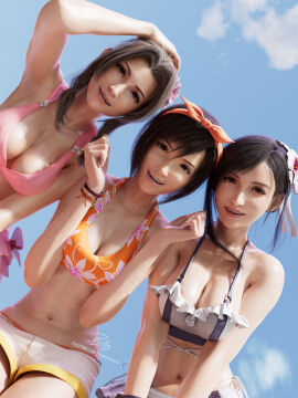 3d 3girls aerith_gainsborough aerith_gainsborough_(pink_mermaid) arm_up armpits bikini bikini_shorts bikini_skirt billyhhyb black_hair blue_sky bow_hairband bracelet breasts brown_hair cloud day female final_fantasy final_fantasy_vii final_fantasy_vii_rebirth final_fantasy_vii_remake flower hair_flower hair_ornament hairband hands_up highres jewelry large_breasts looking_at_viewer medium_breasts multiple_females multiple_girls navel outdoors short_hair shorts sky smile stomach swimsuit tifa_lockhart tifa_lockhart_(shining_spirit) yuffie_kisaragi