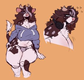 anthro bovid bovine breasts brown_fur brown_hair collar cow_ears cow_girl cowbell female headphones_around_neck hoodie horns huge_breasts implied_sex moojuicers pleasure_face pubic_hair pussy sitting slightly_chubby spoken_heart tail thick_thighs white_fur