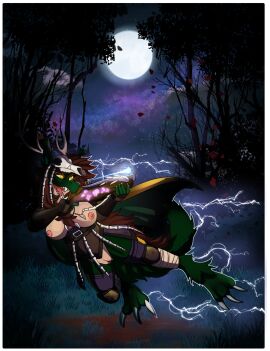 action_pose alkimos anthro antlers armor big_breasts bone breasts brown_hair cape chest_tuft claws clothed clothing countershading crossbow deer_skull detailed_background digital_media_(artwork) digitigrade dragon electricity electricity_manipulation elemental_manipulation fangs feet female fingers forest forest_dragon fur genitals gloves glowing glowing_eyes grass green_body green_fur hair handwear headgear hi_res holding_object holding_ranged_weapon holding_weapon horn ineffective_clothing innie_pussy jewelry knee_pads lightning magic magic_user moon multicolored_body mythological_creature mythological_scalie mythology necklace night nipples open_mouth outside partially_clothed plant pose pussy ranged_weapon riboo runes scalie skull sky solo tail tan_body tan_countershading teeth tongue tree tuft two-tone_body unconvincing_armor weapon were weredragon yellow_eyes