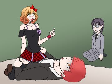 1boy 2girls actualtrashhuman akabane_karma alt_girl assassination_classroom bare_shoulders black_legwear black_stockings black_topwear bow_in_hair choker covered_penetration cucked_by_crush cucked_by_friend female gradient_hair kurahashi_hinano male medium_hair middle_finger miniskirt nerdy_female netorare off-shoulder_shirt okuda_manami orange-haired_female orange_hair plaid_skirt reverse_netorare ribbon sex_under_skirt skirt straight thigh_highs wavy_hair