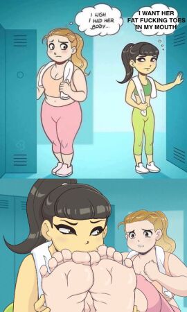 2girls 2women after_exercise asian_female assertive_female barefoot bbw black_hair blogicomics blonde_hair breasts chubby_female dialogue dialogue_bubble edit feet feet_together female female_focus female_on_female female_only foot_fetish foot_focus foot_suck foot_worship footwear_removed gym_uniform horny_female i_wanna_suck_her_fat_titties_(meme) i_wish_i_had_her_body_(meme) locker_room meaty_soles meme meme_reference murati2882 shoes_removed shy_female soles soles_fetish sucking_toes surprised_expression sweaty_feet toe_suck toe_sucking toes towel towel_around_neck wholesome yuri