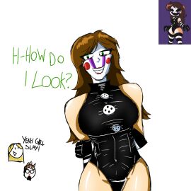 1girls background_characters charlie_emily english_text female five_nights_at_freddy's green_eyes lingerie makeup nose_bleed puppet_(fnaf) simple_background straight