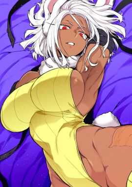 1girls alternate_costume amputee animal_ears armpits arms_up athletic athletic_female bare_shoulders bed big_breasts breasts bunny_ears bunny_tail clenched_teeth clothing color_edit curvy dark-skinned_female dark_skin double_amputee eyelashes female female_focus female_only fit fit_female fluffy_collar highleg highleg_leotard hips hourglass_figure huge_breasts human kemonomimi large_breasts legwear leotard looking_at_viewer looking_down mature_female medium_hair miruko missing_arm my_hero_academia on_back on_bed parted_lips pinup red_eyes rumi_usagiyama scar shiny_skin sideboob signature sleeveless slim_waist solo solo_female stockings straps tail takatsuki_ichi teeth text thighhighs thin_waist turtleneck voluptuous white_hair wide_hips