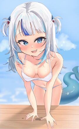 1girls 2d 2d_(artwork) :3d alternate_costume animal_tail bikini bikini_bottom bikini_top blue_eyes blue_hair breasts day female female_focus female_only front_view gawr_gura hololive hololive_english hololive_myth light-skinned_female light_skin long_hair looking_at_viewer outdoors petite petite_body petite_female sharp_teeth slim_female small_breasts smiling smiling_at_viewer solo solo_female solo_focus summer swimsuit thong thong_bikini two-tone_hair two_piece_swimsuit virtual_youtuber vtuber vtuberfanart white_bikini_bottom white_bikini_top white_hair young younger_female
