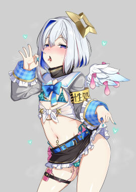 absurdres amane_kanata amane_kanata_(1st_costume) angel_wings black_skirt blue_hair blue_nails blue_panties blush body_writing bow cameltoe clothes_lift condom condom_packet_strip condom_wrapper covered_nipples exhibitionism fellatio_gesture female flat_chest front-tie_top gozaru highleg highleg_panties highres holoforce hololive hololive_japan inviting_to_fuck long_sleeves looking_at_viewer multicolored_hair panties presenting pussy pussy_juice revealing_clothes sex_toy short_hair side-tie_panties skirt skirt_lift solo standing thigh_strap thong tongue tongue_out two-tone_hair underwear used_condom venus_symbol vibrator vibrator_in_thigh_strap vibrator_under_clothes vibrator_under_panties virtual_youtuber white_hair wings
