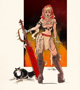 1girls 2023 adepta_sororitas black_lipstick blonde_hair breasts cat chainsword feline female female_focus female_only hood hourglass_figure imperium_of_man large_breasts pinup purity_seal retro_artstyle rutturuttu scar scars short_hair sister_of_battle sister_repentia solo solo_female solo_focus sword tattered_clothing tattoo text warhammer_(franchise) warhammer_40k
