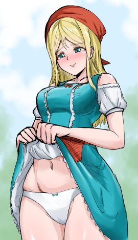 1girls blonde_hair blue_eyes blush breasts dragon_quest dragon_quest_xi female female_focus female_only gemma_(dq11) human human_only kahun9893 lifted_by_self light-skinned_female light_skin medium_breasts outdoors panties skirt skirt_lift smile solo solo_female square_enix white_panties