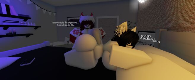 1futa 1girls 2girls 3d ass big_ass big_breasts breasts female furry furry_female futanari intersex kitsune laying_on_bed nsfwklown nude paws roblox roblox_avatar roblox_studio robloxian sleeping standing tagme text white_skin wolf wolf_girl