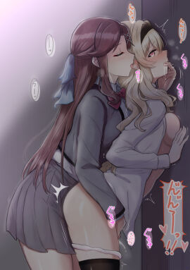 2girls ^^^ against_wall behind_another black_hairband black_thighhighs blonde_hair blue_bow blush bow bowtie breast_press breasts brown_hair chibinekopan closed_eyes clothed_sex collared_shirt commentary_request cowboy_shot ear_blush female female_ejaculation finger_in_another's_mouth finger_in_mouth fingering from_side grey_jacket grey_skirt hair_between_eyes hair_ornament hairband hairbow half_updo hand_on_wall hand_up heart heavy_breathing highres indoors jacket leaning_forward licking licking_ear long_hair looking_ahead medium_breasts miniskirt motion_lines multiple_females multiple_girls no_bra no_pants nose_blush open_clothes open_jacket open_shirt panties panty_pull parted_bangs parted_lips pink_eyes pleated_skirt profile pussy pussy_juice raised_eyebrows reach-around red_bow red_bowtie saijou_claudine saliva school_uniform seishou_music_academy_uniform shirt shirt_tucked_in shoujo_kageki_revue_starlight skirt speech_bubble spoken_heart standing sweat tearing_up tendou_maya thighhighs tongue tongue_out translation_request trembling underwear very_long_hair wavy_hair wet wet_pussy white_panties white_shirt x_hair_ornament yuri