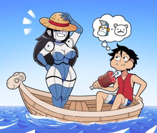 android artist_request beepo_(chunkymoon) boat crossover curvy curvy_figure female male monkey_d_luffy one_piece robot robot_girl straw_hat thick_thighs