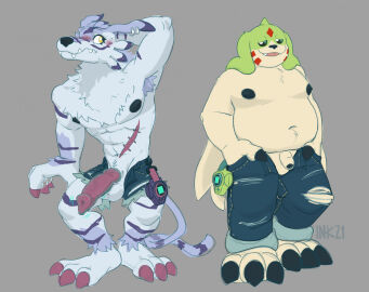 2021 anthro armpit_hair bandai_namco blush body_hair bottomwear clothed clothing cutoffs denim denim_bottomwear denim_clothing digimon digimon_(species) digivice duo embarrassed fangs gargomon genitals jeans lagomorph lock-wolf male male/male mammal muscular muscular_anthro muscular_male open_bottomwear open_clothing open_pants pants penis scar shorts signature slightly_chubby tail teeth tongue tongue_out weregarurumon