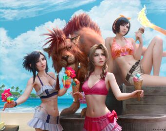 1boy 3girls abs aerith_gainsborough aerith_gainsborough_(pink_mermaid) bare_legs beach bikini bikini_skirt bikini_top_only black_hair blue_sky bow breasts brown_hair cleavage cocktail_glass cup drinking drinking_glass drinking_straw female final_fantasy final_fantasy_vii final_fantasy_vii_rebirth final_fantasy_vii_remake flame-tipped_tail floral_print_bikini frilled_bikini frills hairbow highres honeybunny-art ice_cream_cone large_breasts male medium_breasts multiple_females multiple_girls ocean official_alternate_costume official_alternate_hairstyle pink_bikini realistic red_fur red_hair red_xiii short_shorts shorts sitting sky swimsuit tifa_lockhart tifa_lockhart_(shining_spirit) toned toned_female white_bikini white_shorts yuffie_kisaragi yuffie_kisaragi_(summer_orange)