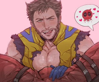 2boys :q aroused bara beard blush body_blush bodysuit brown_hair bulge bulge_press chest_hair chibi chibi_inset couple crotch_grab deadpool deadpool_&_wolverine_(2024) facial_hair flaccid full-face_blush gay giver_pov gloves green_eyes heart imminent_fellatio imminent_oral large_pectorals licking_lips looking_at_viewer male male/male male_focus male_only marvel marvel_cinematic_universe marvel_comics masososo mature_male multiple_boys multiple_males muscular muscular_chest muscular_male out_of_frame pecjob_under_clothes pectoral_press pectorals penis pink_background pov pov_crotch red_bodysuit red_mask short_hair sleeveless solo_focus spread_legs superhero_costume sweat sweatdrop teeth tongue tongue_out torn_bodysuit torn_clothes veins veiny_arms wolverine_(x-men) x-men yaoi