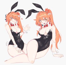 1girls beauty_mark blush blush_lines breasts bunny_costume bunny_tail bunnysuit cuffs_(clothing) female guinaifen_(honkai:_star_rail) heart infamcantaloupe light-skinned_female light_skin looking_at_viewer orange_hair pale-skinned_female pale_skin solo unfamousradish waving