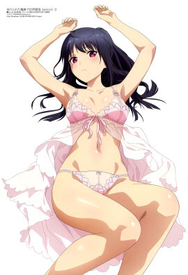 arifureta_shokugyou_de_sekai_saikyou armpits arms_up bare_arms bare_belly bare_legs bare_shoulders bare_thighs belly_button black_hair blush body_blush bow_panties breasts cleavage closed_mouth collarbone female groin lingerie long_hair megami_magazine nightgown official_art panties pink_nightgown pink_panties red_eyes shiny_skin small_breasts thighs underwear yaegashi_shizuku