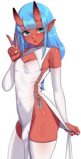 1futa aqua_eyes arm_sleeves blue_hair bulge clothed clothing djwhiteboooty dress ear_piercing elbow_gloves flaccid flat_chest freckles fully_clothed futa_only futanari gloves humanoid intersex long_hair oni oni_horns pelvic_curtain penis pointy_ears red_skin slit_pupils solo standing sui_(suikisses) thick_thighs thighhighs trans_woman transfem v_sign very_high_resolution white_armwear white_background white_dress white_thighhighs wide_hips