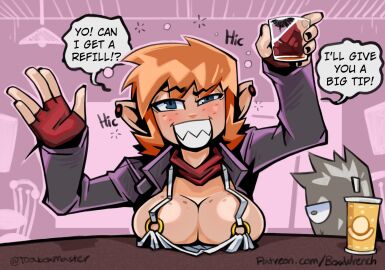 1girls 2024 big_breasts blue_eyes blush boxx_wrench breasts color colored dialogue drunk english_text female fingerless_gloves giri_(boxx_wrench) hiccuping holding_glass looking_at_viewer original original_character pointy_ears red_hair sfw sharp_teeth short_hair smile speaking_to_viewer speech_bubble talking_to_viewer text