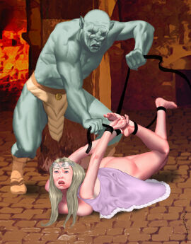 1girls 2d ass azog_the_defiler blue_eyes breasts captured captured_heroine crown elf elf_female female galadriel green_skin long_hair lord_of_the_rings male medium_breasts monster mostly_nude_female open_mouth orc orc_(lotr) orc_male pink_dress sharp_ears silver_hair slave solo_female synthean tiara