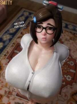 1girls 3d 3d_(artwork) asian asian_female big_breasts blizzard_entertainment breasts brown-haired_female brown_hair brunette_hair chinese chinese_female cleavage english_text fellatio_request female glasses highres huge_breasts inviting_to_oral large_boobs large_breasts light-skinned_female light_skin male mei_(overwatch) out_of_frame_male overwatch overwatch_2 pov shorter_female smaller_female smitty34 text white_shirt