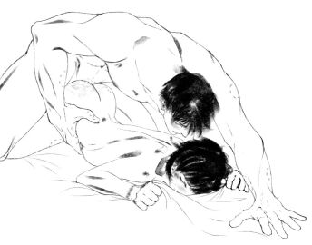 1boy ass bite_mark bite_mark_on_ass black_hair caleb_(love_and_deepspace) closed_eyes female greyscale height_difference kneeling lipstick_mark_on_chest love_and_deepspace male monochrome protagonist_(love_and_deepspace) sex sheet_grab short_hair simple_background straight top-down_bottom-up torso_grab xyzcolonel