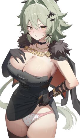 absurdres black_cape black_dress black_gloves blush breasts caesar_king_(zenless_zone_zero) cape clothes_lift commentary_request cowboy_shot dress dress_lift female fur-trimmed_cape fur_trim gloves green_hair hair_between_eyes hair_intakes heart heart_print highres large_breasts lifting_own_clothes long_hair looking_at_viewer open_mouth panties red_cape simple_background solo tan tanline thighs underwear unnunal_(unneonal) white_background white_panties yellow_eyes zenless_zone_zero