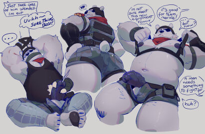 1boy 2024 anthro armor arms_tied balls bear belly bodily_fluids bondage bottomwear bound cloth_gag clothed clothing dialogue disembodied_hand duo ejaculation english_text epic_games erection eye_patch eyewear fortnite gag gay genitals handjob harness headgear heckded helmet hi_res hotpants humanoid_genitalia humanoid_penis kerchief male male_only mammal muscular muscular_anthro muscular_male nipples offscreen_character open_bottomwear open_clothing open_pants overweight overweight_anthro overweight_male pants pawpads penile penis polar_bear polar_patroller presenting presenting_penis raised_arms sex shirt shorts speech_bubble submissive_male sweat tail tank_top text topwear ursine video_games wendell_(fortnite) zipper zipper_down