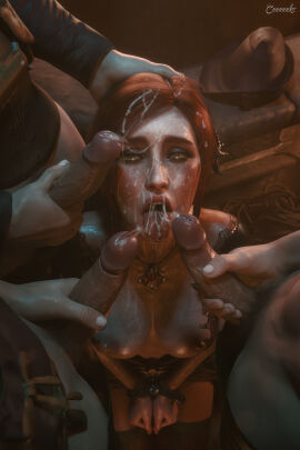 1girls 2025 3boys 3d areolae blue_eyeshadow breasts breasts_out bukkake ceeeeekc clothed clothed_female clothed_male covered_in_cum cum cum_between_breasts cum_drip cum_dripping_down_chin cum_on_face cum_on_hair cum_on_tongue cum_string dubious_consent eyeshadow female female_focus foreskin freckes_on_face freckles freckles_on_chest ginger ginger_hair green_eyes handcuffed hands_tied heavy_makeup highly_detailed indoors kneeling kneeling_on_ground lipstick long_hair looking_up looking_up_at_partner male medium_breasts nipples penis penis_out retracted_foreskin shirt short_sleeves sticking_out_tongue sticking_tongue_out the_witcher_(series) the_witcher_3:_wild_hunt thigh_highs thighhighs tied_hair triss_merigold uncircumcised