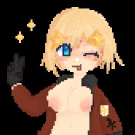 america_(hetalia) animated axis_powers_hetalia big_breasts breasts clothed female female_only genderswap genderswap_(mtf) happy_female hetalia light_skin masterbootyjiggler mbj mbj_(artist) no_bra nyo!america nyotalia peace_sign pixel_art rule_63 sparkles tits_out tongue tongue_out transparent_background