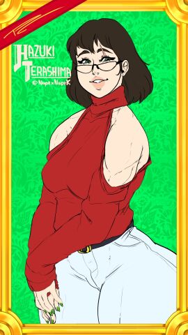 1girls 2024 black_hair commissioner_upload fakeryway female_only fully_clothed glasses green_eyes hazuki_terashima jeans medium_breasts muscular_female off_shoulder original_character scar_across_eye wide_hips