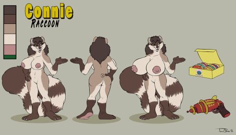 2020 4_toes 5_fingers anthro areola ass big_breasts big_tail biped breasts brown_body brown_fur brown_hair brown_nose character_name claws color_swatch connie_(bennie_tiger) countershade_fur countershading dessert digital_drawing_(artwork) digital_media_(artwork) doughnut doughnut_box english_text eyelashes facial_markings feet female female_anthro finger_claws fingers flat_colors fluffy fluffy_tail food front_view fur genitals gloves_(marking) green_eyes growth_ray hair hand_on_hip head_markings huge_breasts humanoid_feet humanoid_hands leg_markings long_hair looking_aside mammal markings mask_(marking) model_sheet monotone_background multicolored_body multicolored_fur navel nipples nude nude_anthro nude_female open_mouth open_smile pastry pink_areola pink_nipples plantigrade procyonid pussy raccoon ranged_weapon raygun ring_(marking) ringed_tail signature simple_background smile socks_(marking) solo standing striped_markings striped_tail stripes tail tail_markings teaselbone teeth text toe_claws toes weapon whisker_spots white_claws white_toe_claws