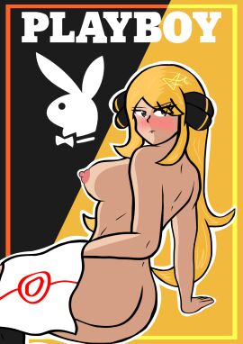 amematoi artist_signature ass blonde_hair blush breasts cynthia_(pokemon) female game_freak grey_eyes looking_back magazine_cover nintendo nipples nude nude_female playboy_bunny pokemon pokemon_dppt simple_background simple_shading tagme yellow_hair